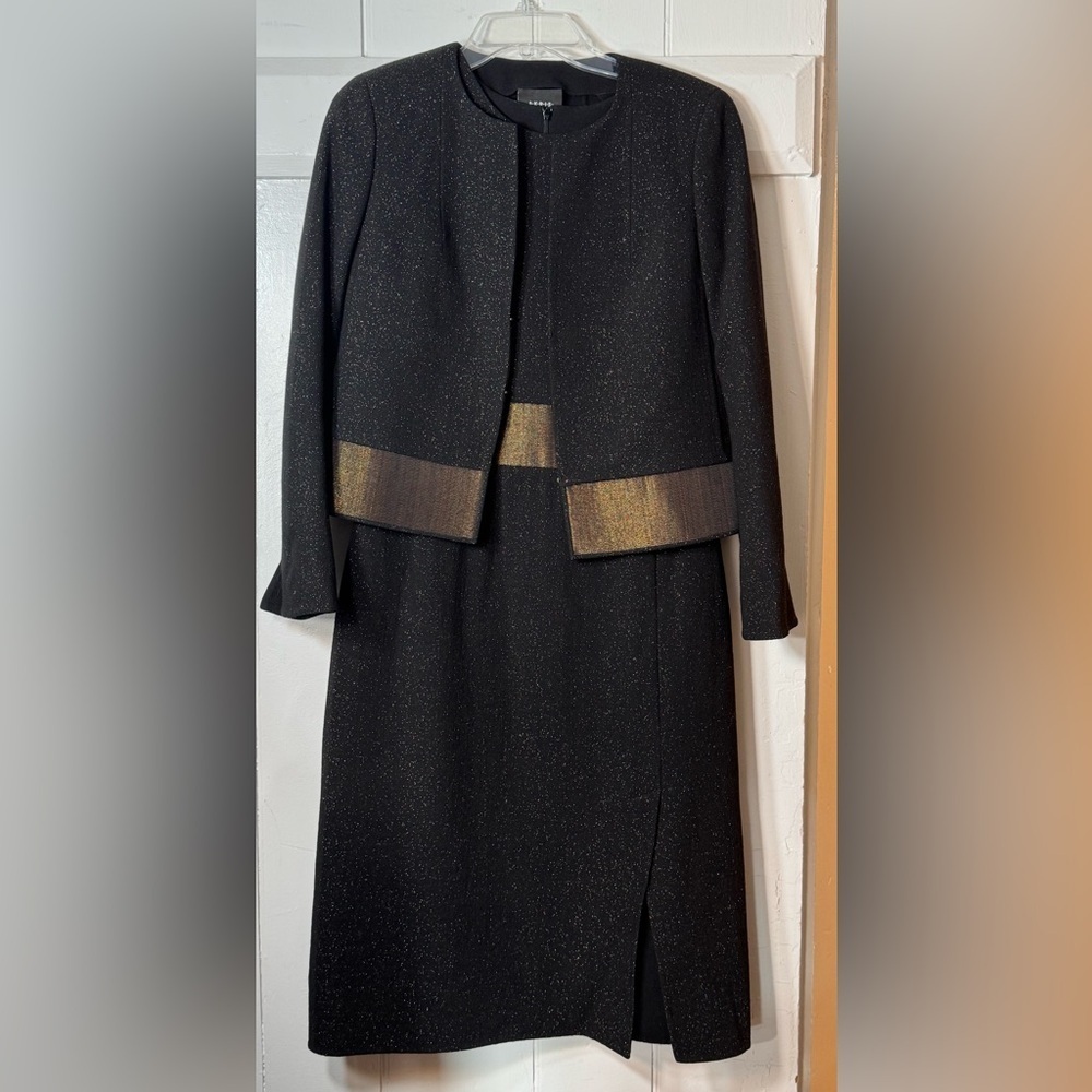 Vintage Women's Akris Black/Gold Dress/Blazer Set Wool Cupro Horsehair Amazing!